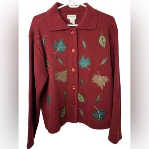 VTG Crystal Kobe Burgundy Appliqué Fall Leaf Cardigan Sweater